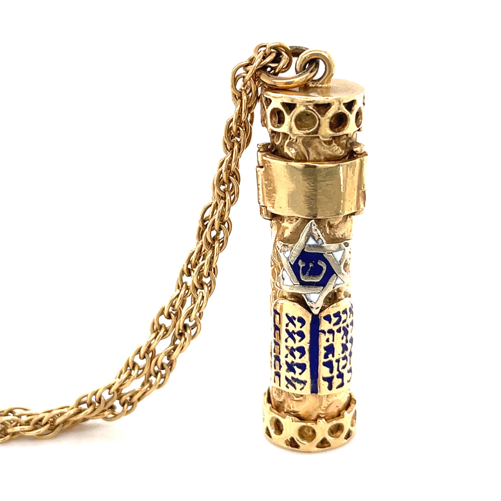 14k Yellow Gold & Blue Enamel Mezuzah Pendant Necklace, Chain Length 30"