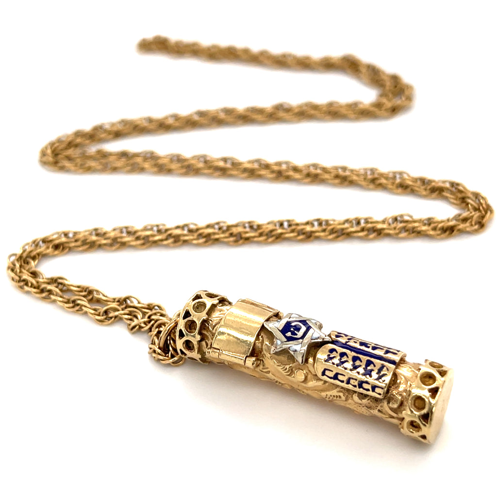 14k Yellow Gold & Blue Enamel Mezuzah Pendant Necklace, Chain Length 30"