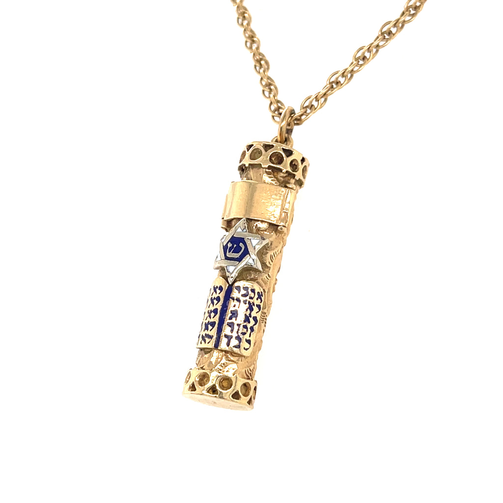 14k Yellow Gold & Blue Enamel Mezuzah Pendant Necklace, Chain Length 30"