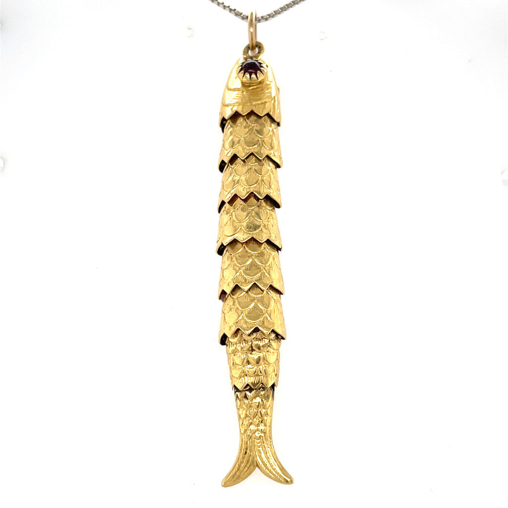 18k Gold Articulating Fish Pendant with Garnet Eyes, 3 inches, 13g