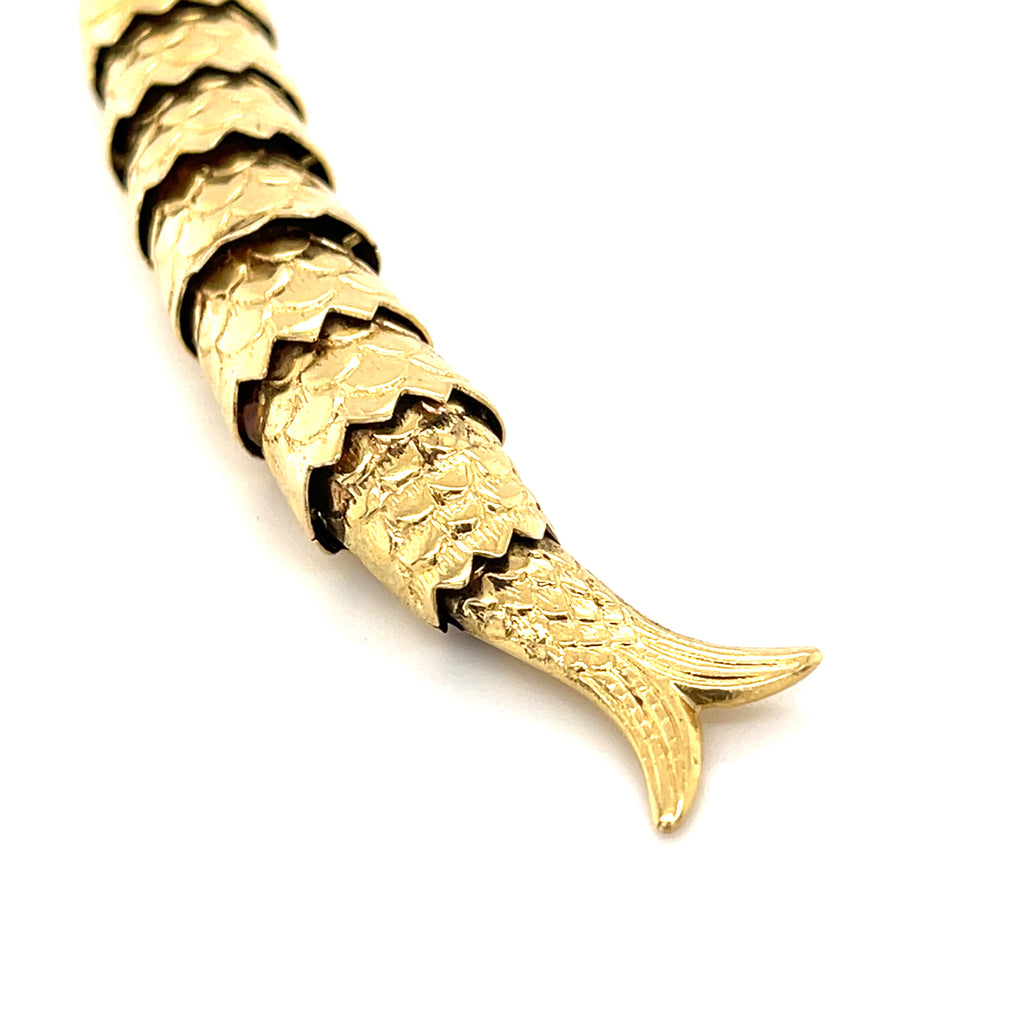 18k Gold Articulating Fish Pendant with Garnet Eyes, 3 inches, 13g