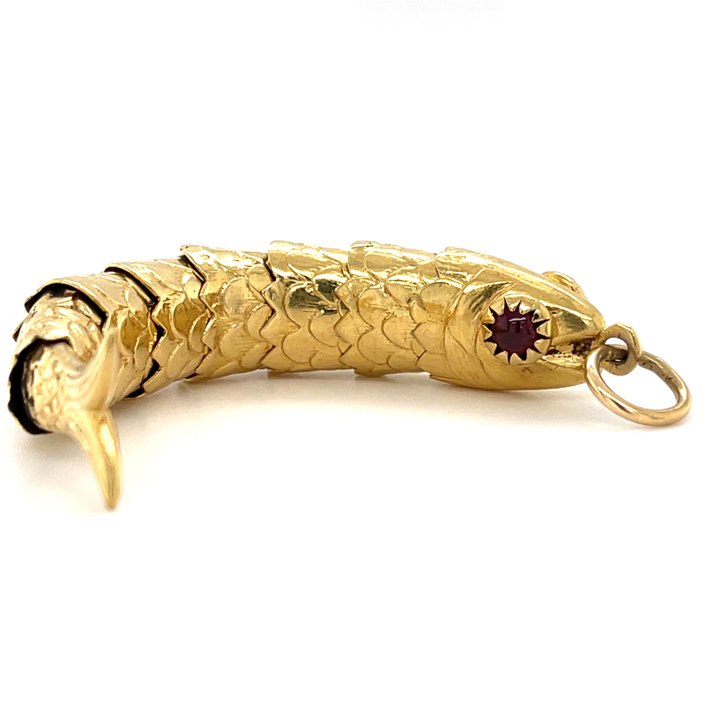 18k Gold Articulating Fish Pendant with Garnet Eyes, 3 inches, 13g