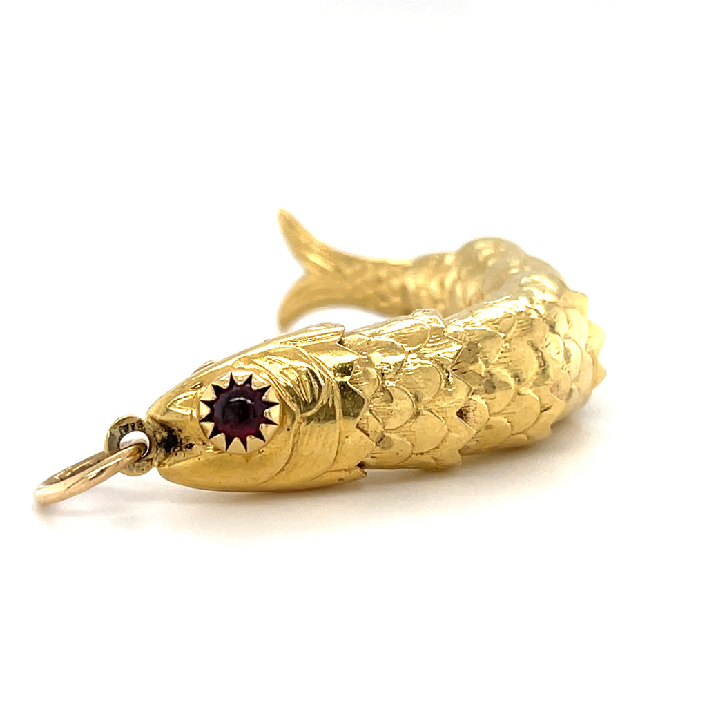 18k Gold Articulating Fish Pendant with Garnet Eyes, 3 inches, 13g