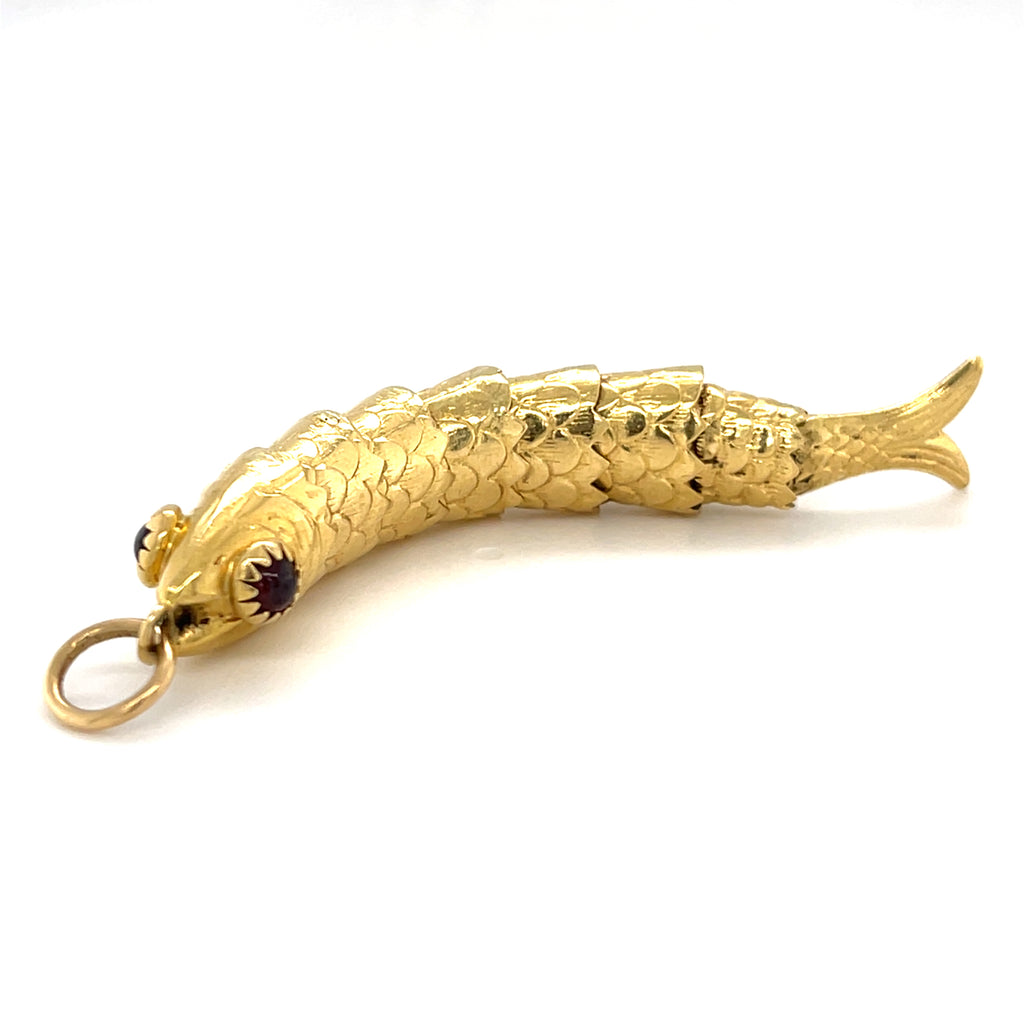 18k Gold Articulating Fish Pendant with Garnet Eyes, 3 inches, 13g