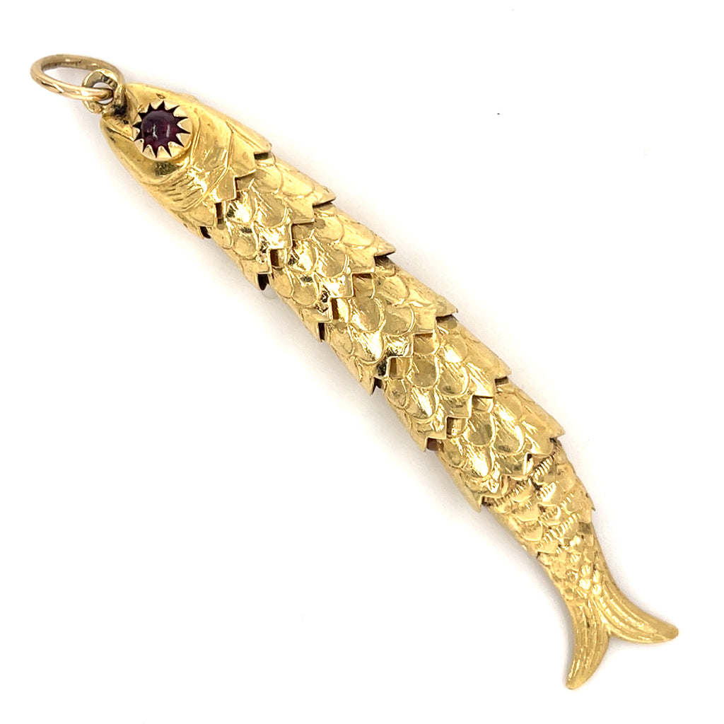 18k Gold Articulating Fish Pendant with Garnet Eyes, 3 inches, 13g