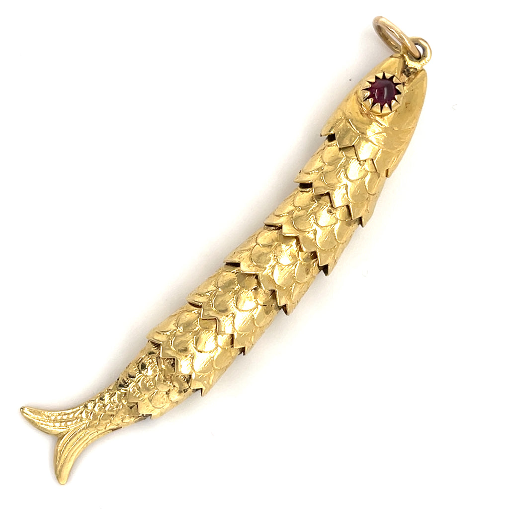 18k Gold Articulating Fish Pendant with Garnet Eyes, 3 inches, 13g