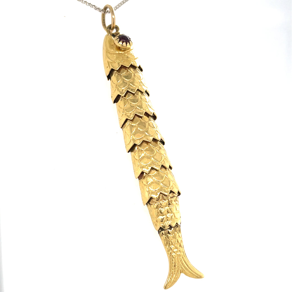18k Gold Articulating Fish Pendant with Garnet Eyes, 3 inches, 13g