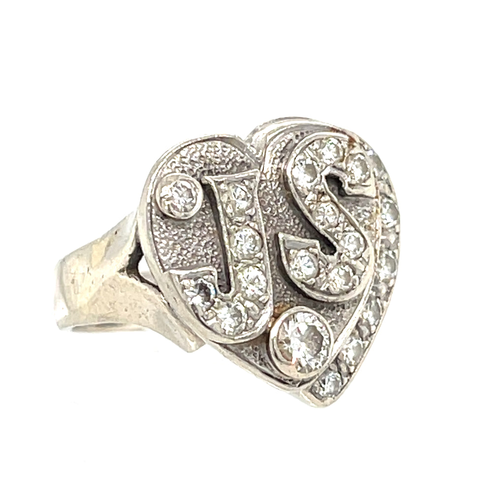 Vintage 14k White Gold & Diamond "JS" Heart Plaque Ring, Size 3.75