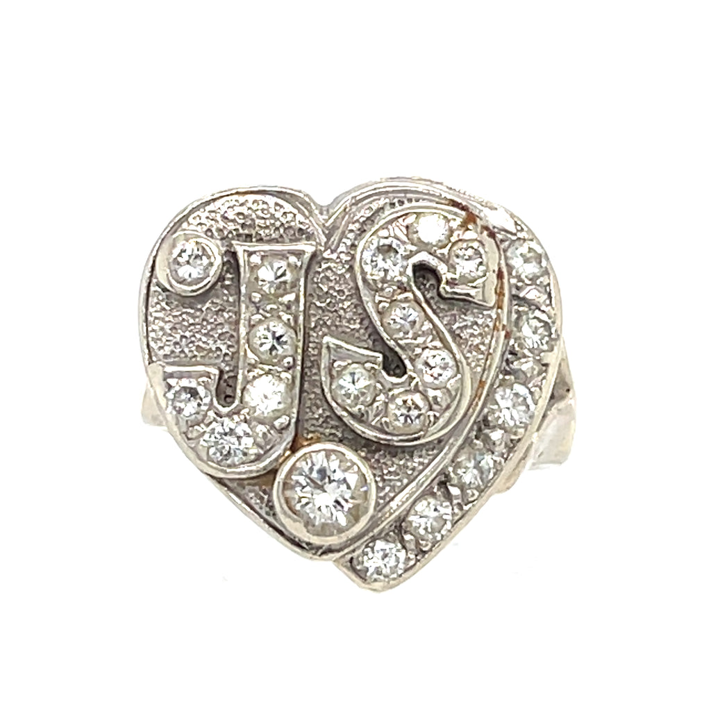 Vintage 14k White Gold & Diamond "JS" Heart Plaque Ring, Size 3.75