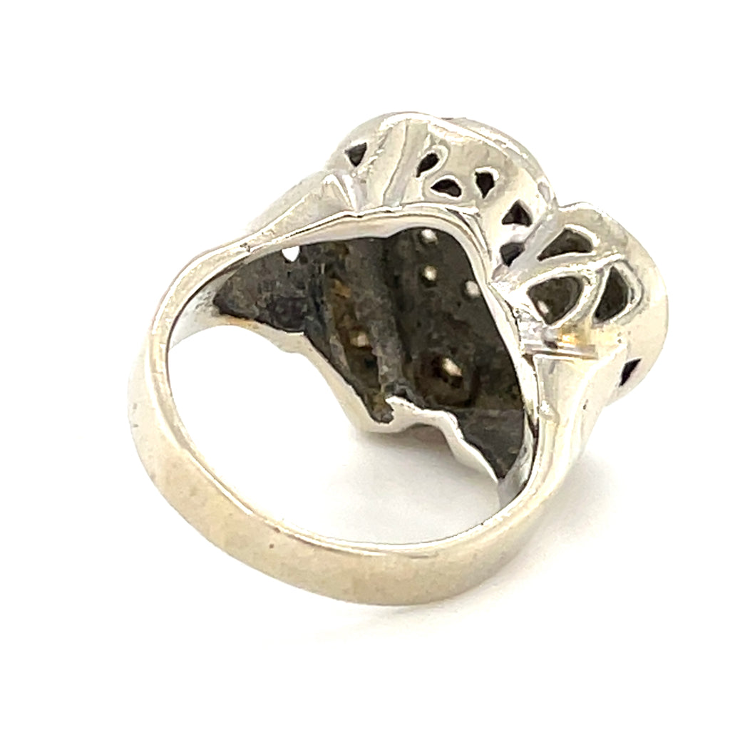 Vintage 14k White Gold & Diamond "JS" Heart Plaque Ring, Size 3.75