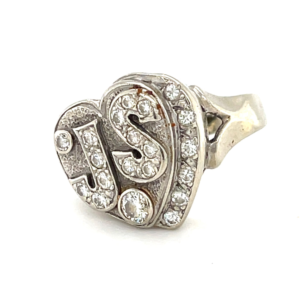 Vintage 14k White Gold & Diamond "JS" Heart Plaque Ring, Size 3.75