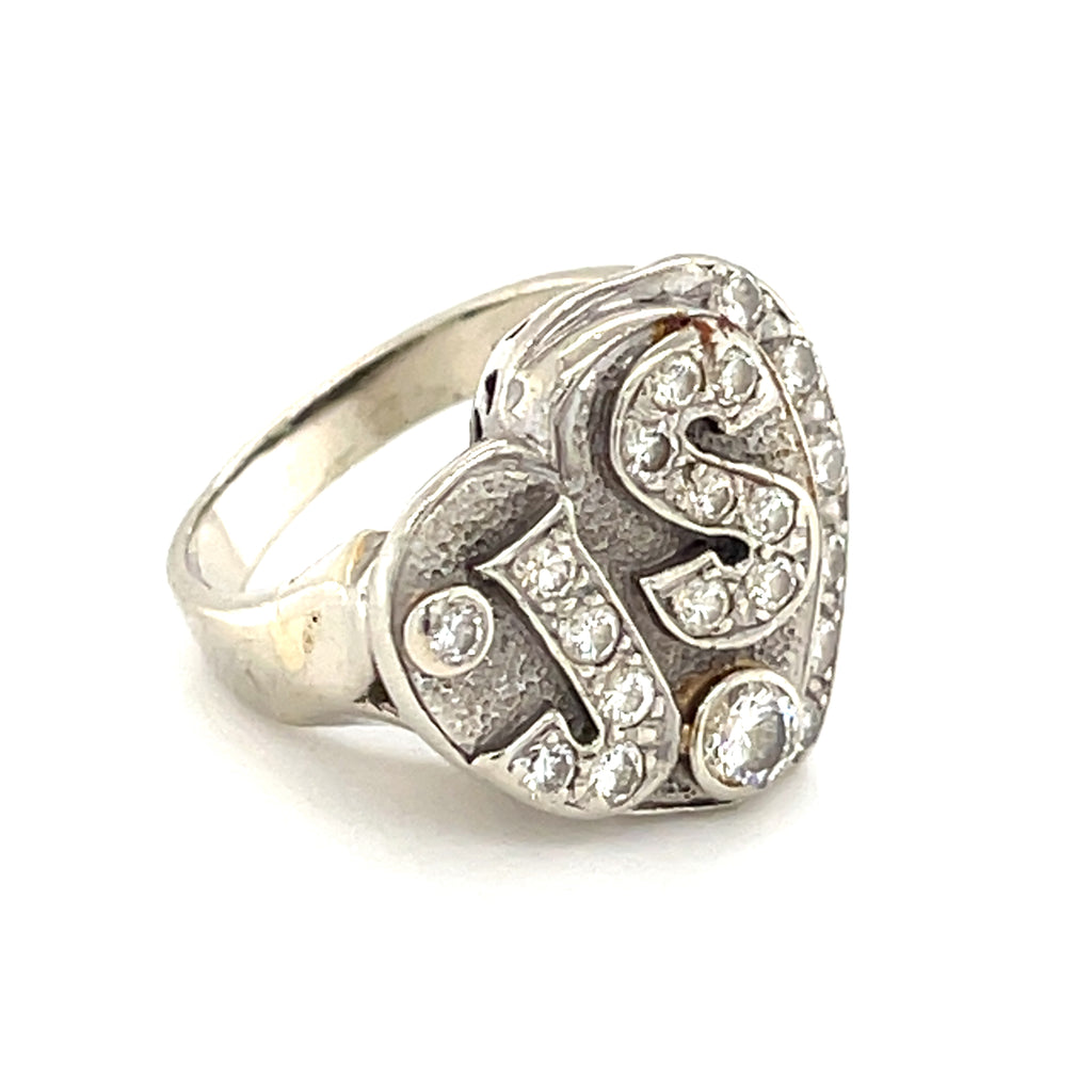 Vintage 14k White Gold & Diamond "JS" Heart Plaque Ring, Size 3.75