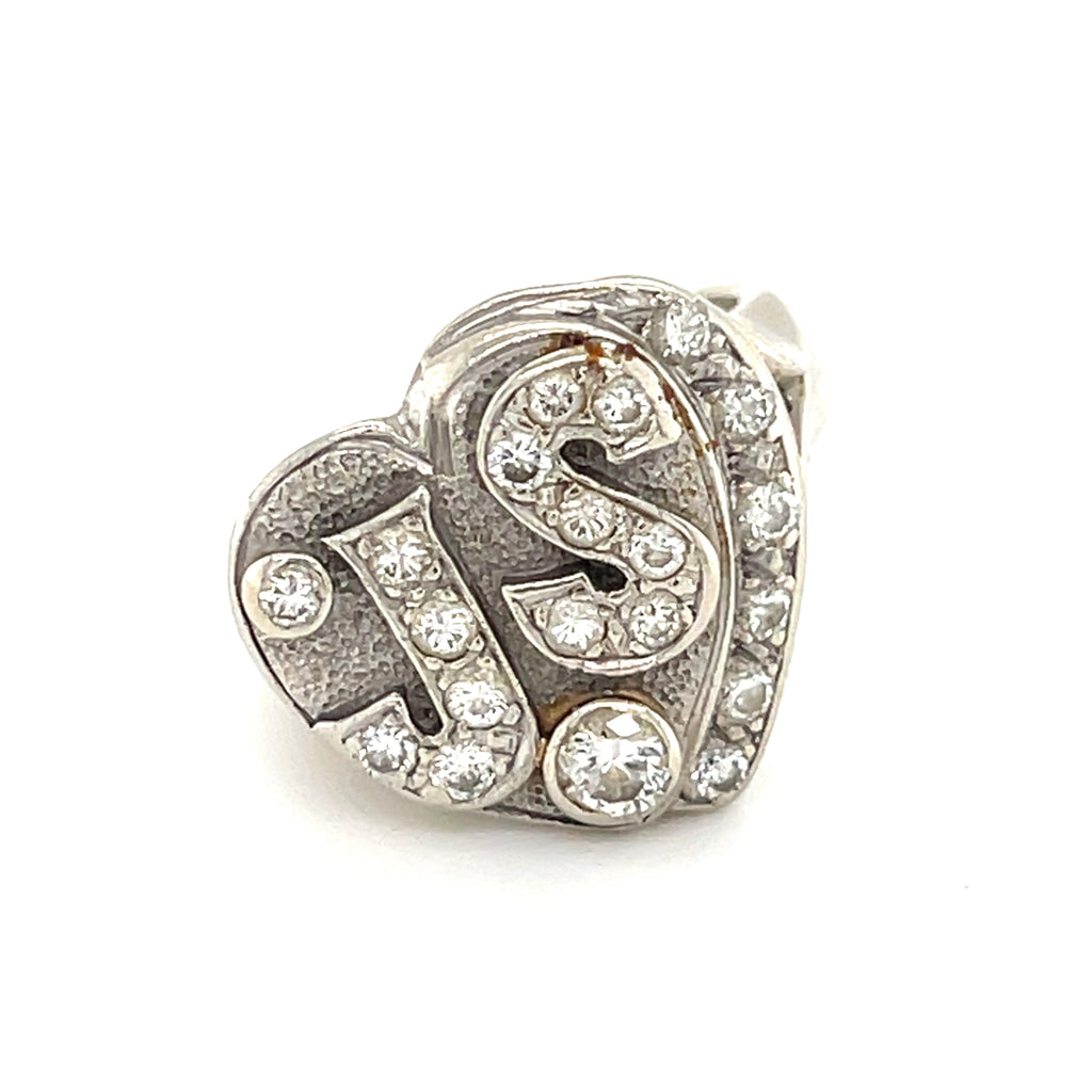 Vintage 14k White Gold & Diamond "JS" Heart Plaque Ring, Size 3.75