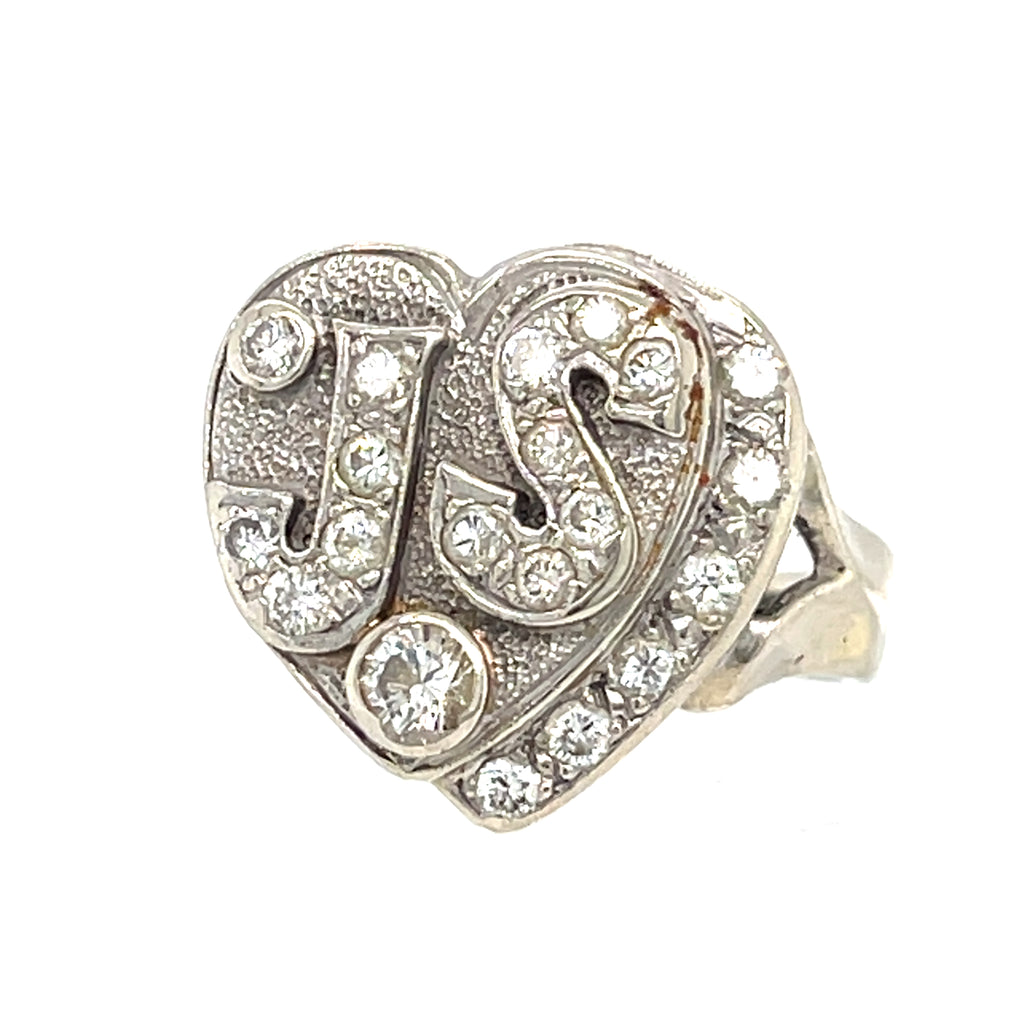 Vintage 14k White Gold & Diamond "JS" Heart Plaque Ring, Size 3.75