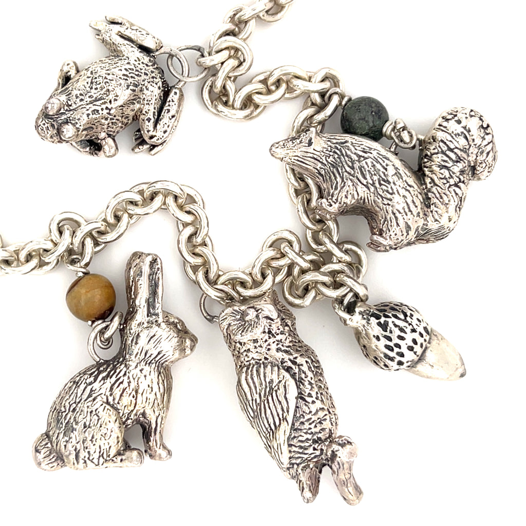 Sterling Silver Chain Necklace with Woodland Critters Charm Pendant, Length 21"