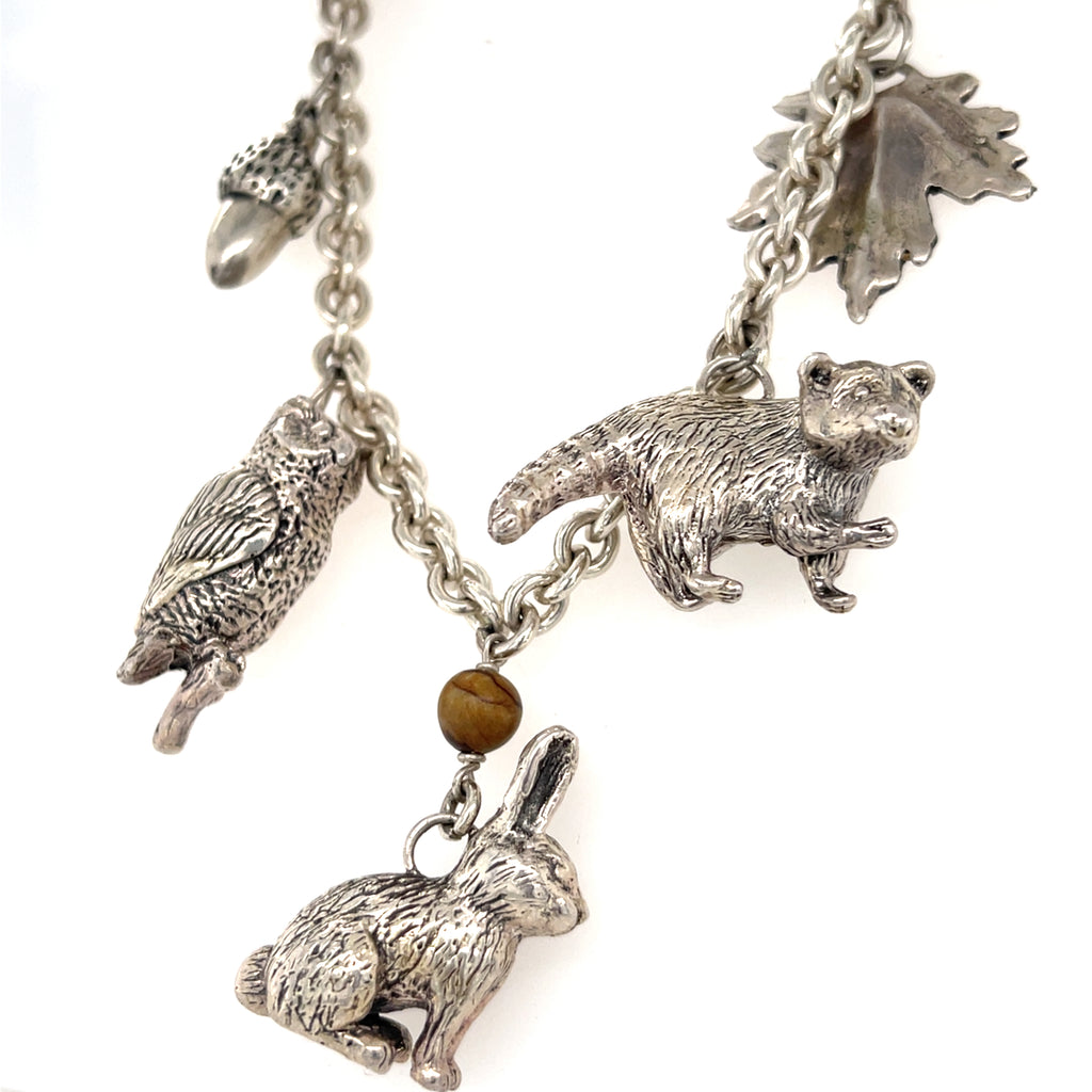 Sterling Silver Chain Necklace with Woodland Critters Charm Pendant, Length 21"