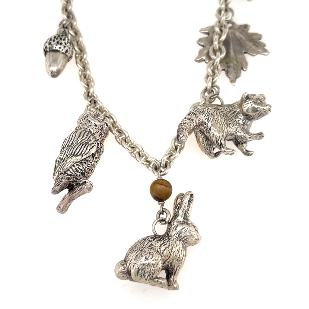 Sterling Silver Chain Necklace with Woodland Critters Charm Pendant, Length 21"