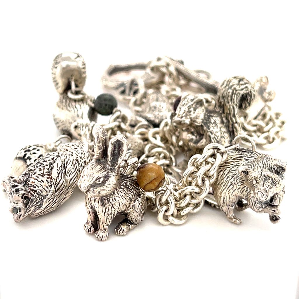 Sterling Silver Chain Necklace with Woodland Critters Charm Pendant, Length 21"