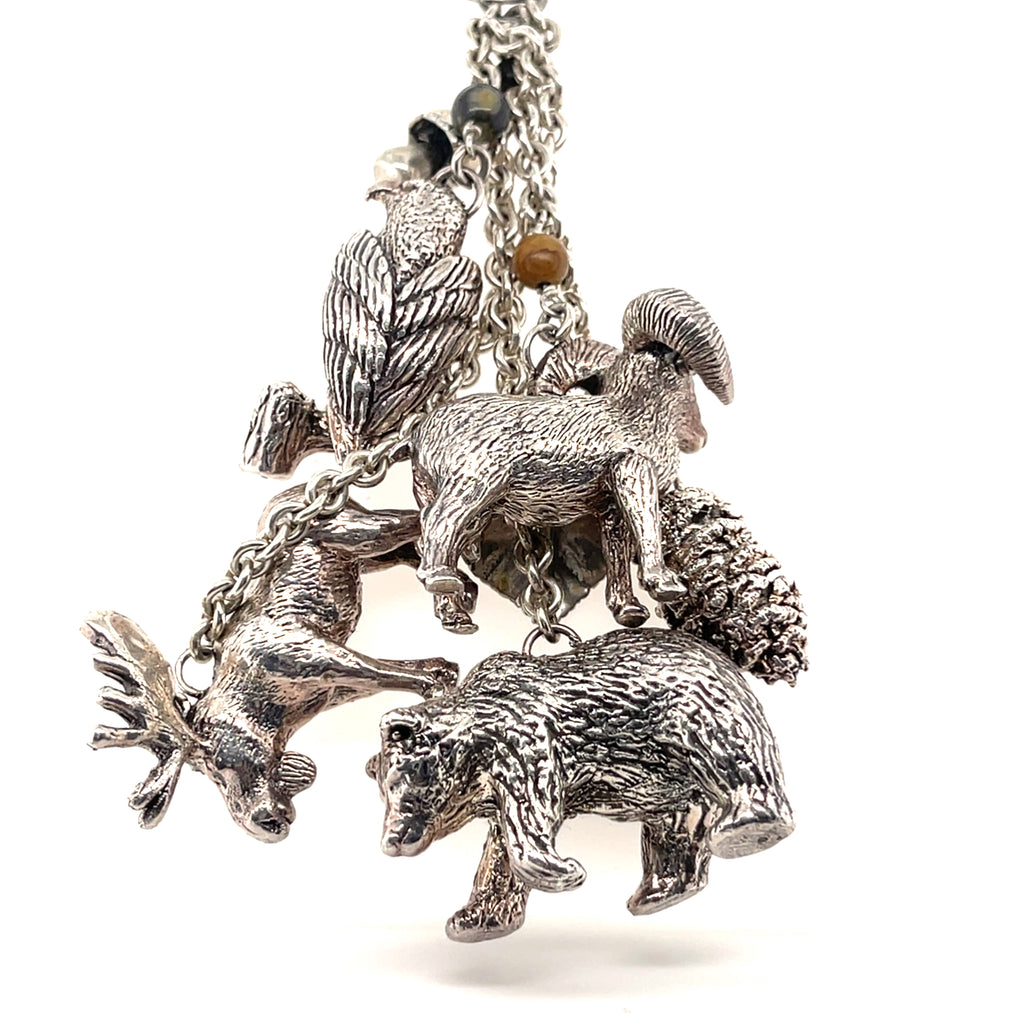 Sterling Silver Chain Necklace with Woodland Critters Charm Pendant, Length 30"