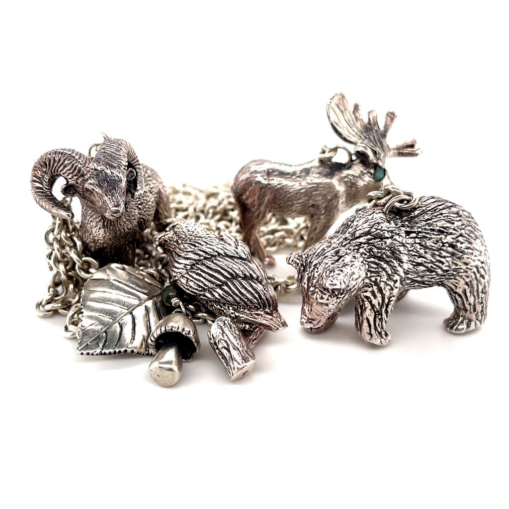 Sterling Silver Chain Necklace with Woodland Critters Charm Pendant, Length 30"