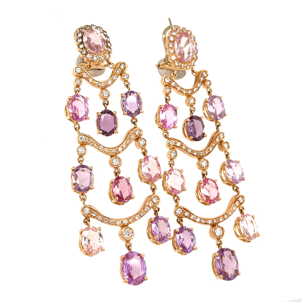 18k Rose Gold Chandelier Earrings w/ 26ct Pink & Purple Sapphire, 0.7ct Diamond