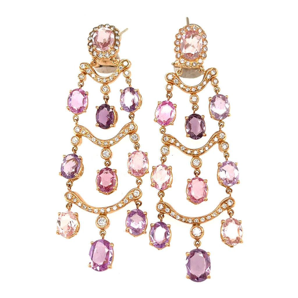 18k Rose Gold Chandelier Earrings w/ 26ct Pink & Purple Sapphire, 0.7ct Diamond