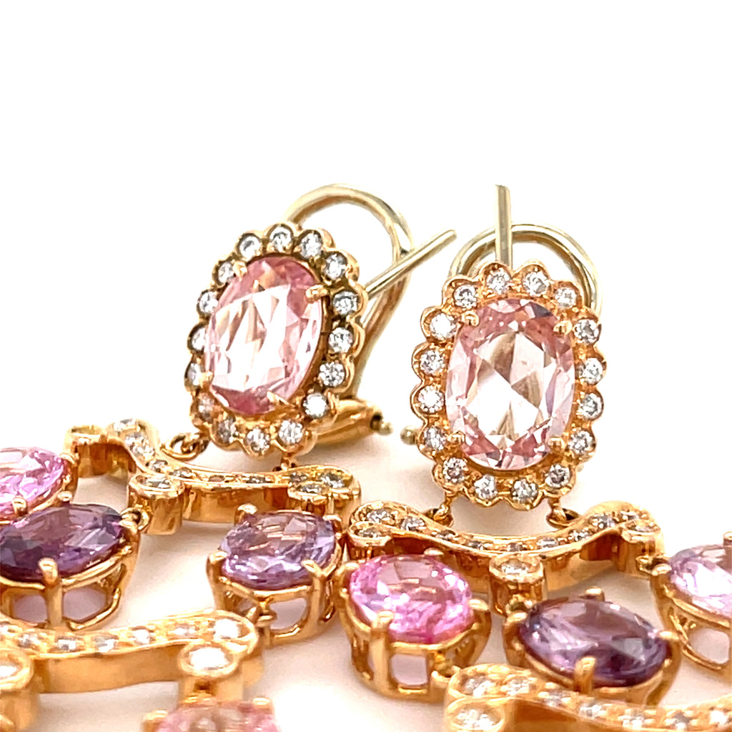 18k Rose Gold Chandelier Earrings w/ 26ct Pink & Purple Sapphire, 0.7ct Diamond