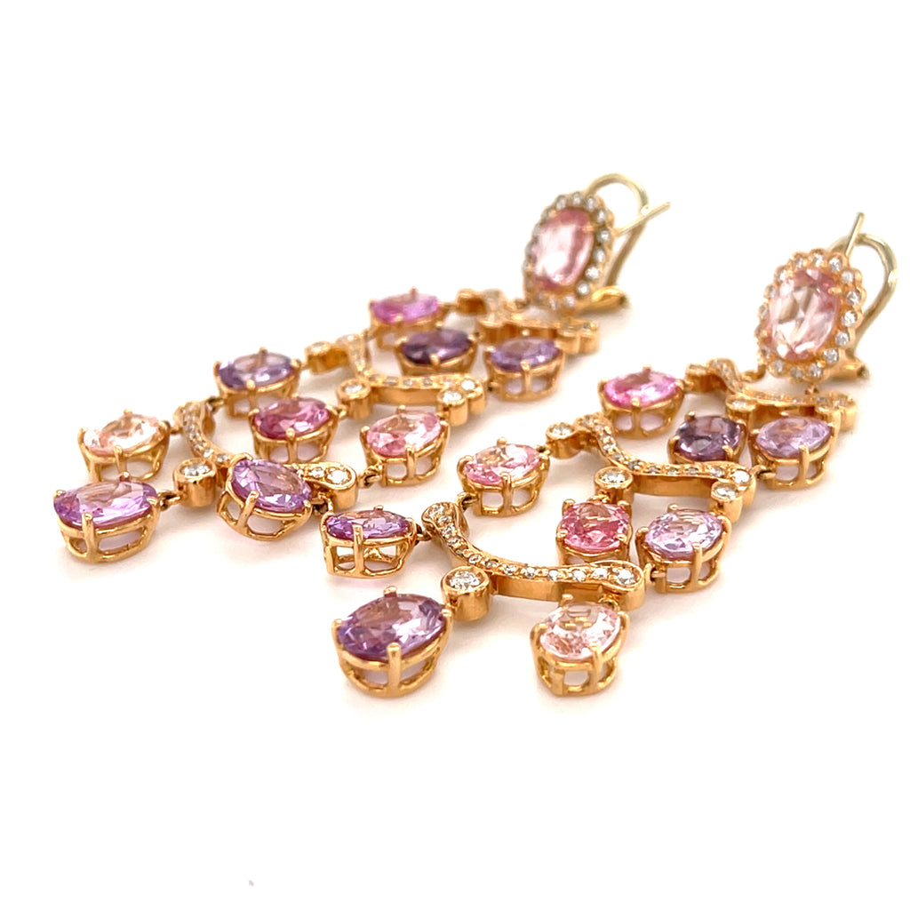 18k Rose Gold Chandelier Earrings w/ 26ct Pink & Purple Sapphire, 0.7ct Diamond