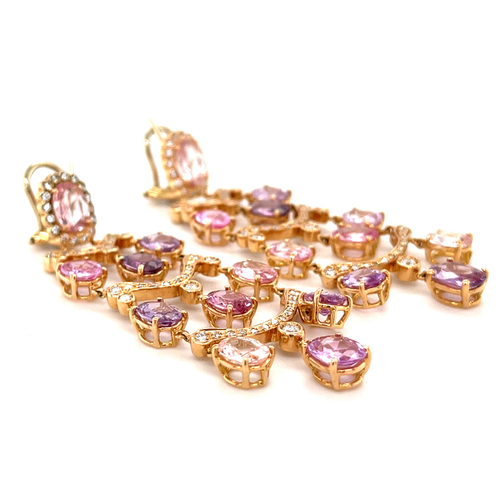 18k Rose Gold Chandelier Earrings w/ 26ct Pink & Purple Sapphire, 0.7ct Diamond