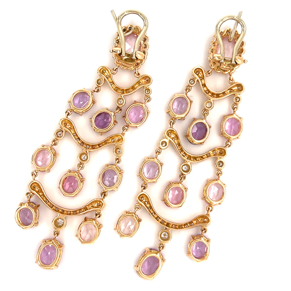 18k Rose Gold Chandelier Earrings w/ 26ct Pink & Purple Sapphire, 0.7ct Diamond