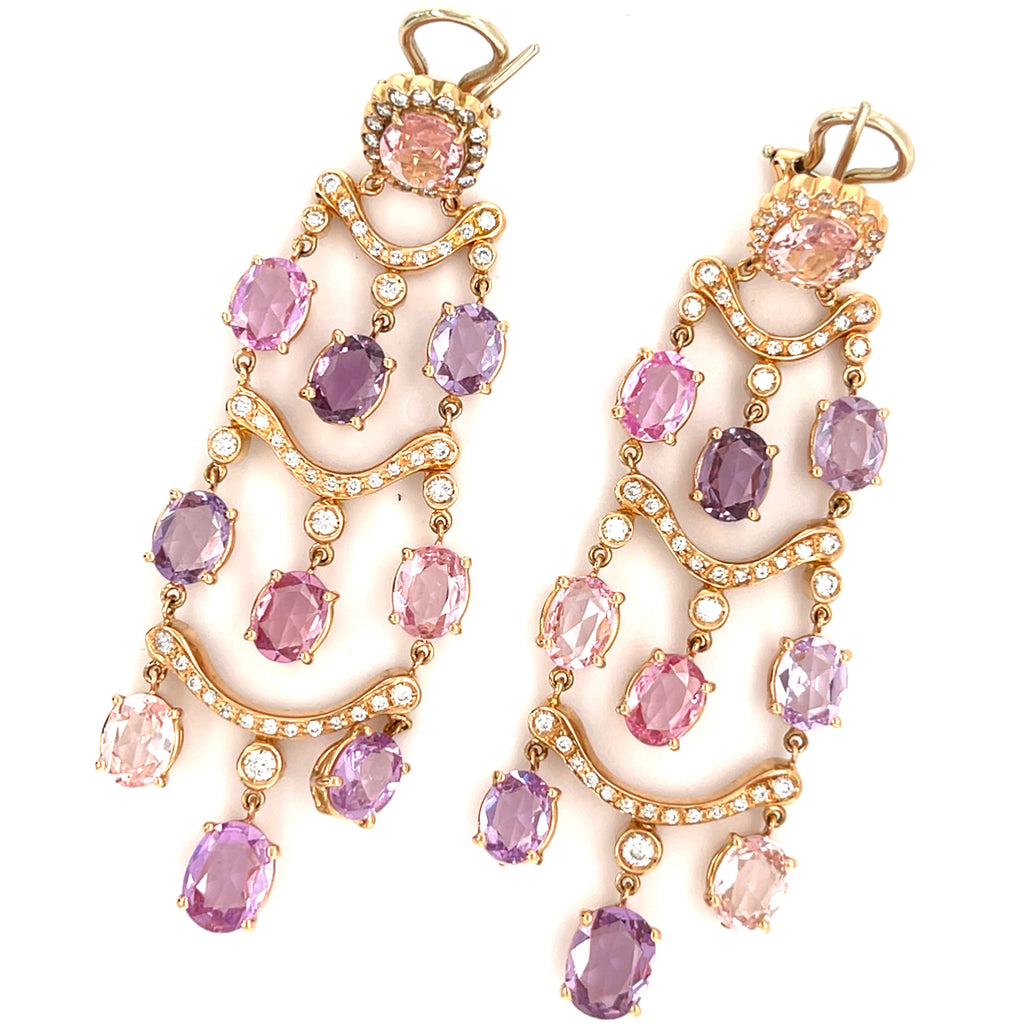 18k Rose Gold Chandelier Earrings w/ 26ct Pink & Purple Sapphire, 0.7ct Diamond