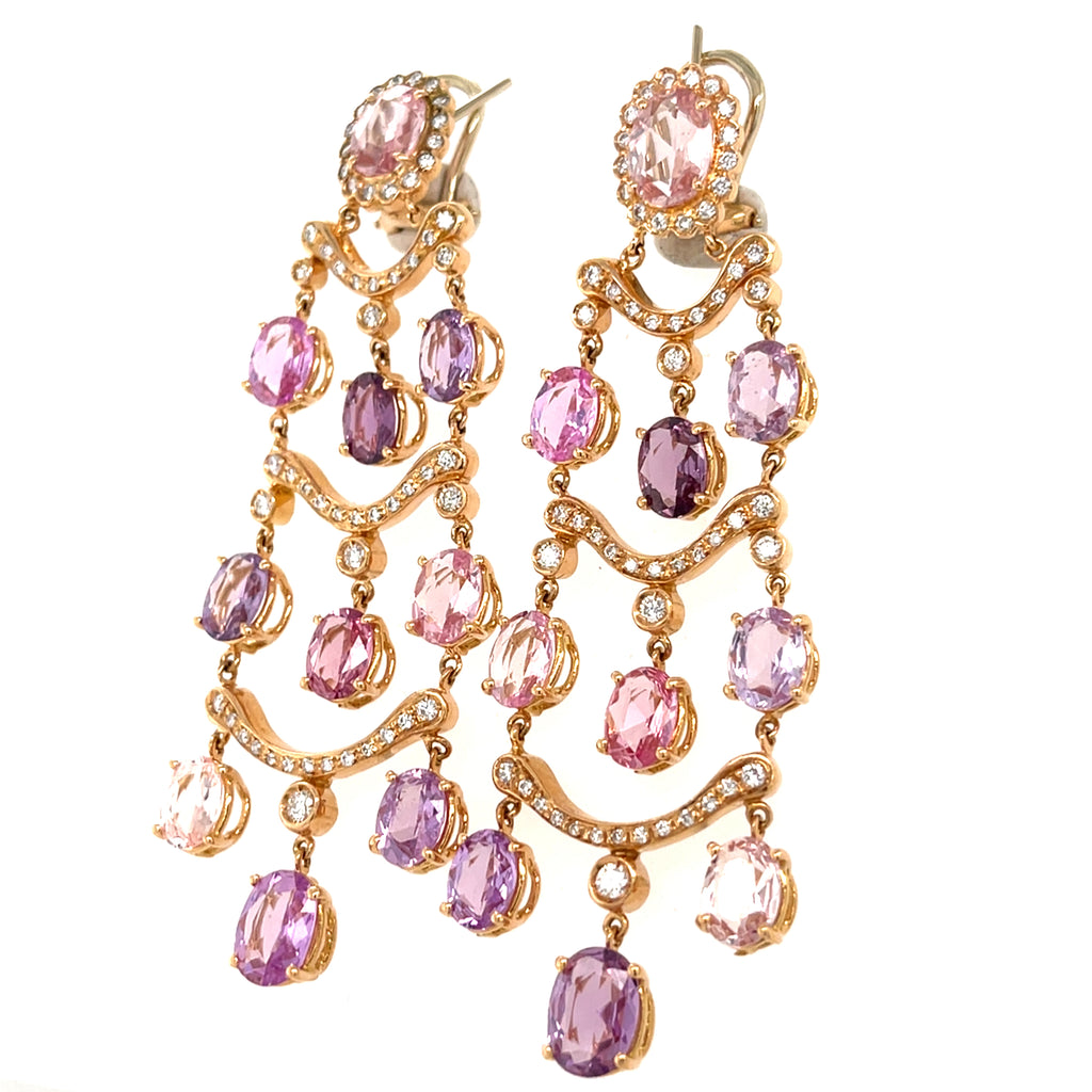 18k Rose Gold Chandelier Earrings w/ 26ct Pink & Purple Sapphire, 0.7ct Diamond