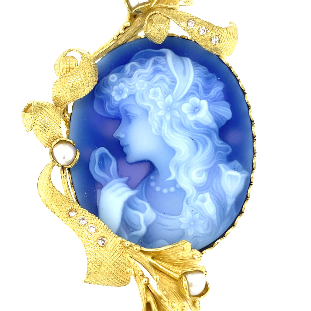 18k Yellow Gold & Carved Chalcedony Cameo Brooch w/ Diamonds and Cultured Pearls