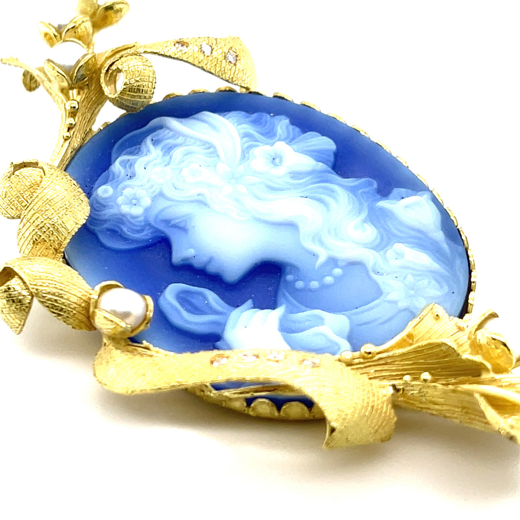 18k Yellow Gold & Carved Chalcedony Cameo Brooch w/ Diamonds and Cultured Pearls
