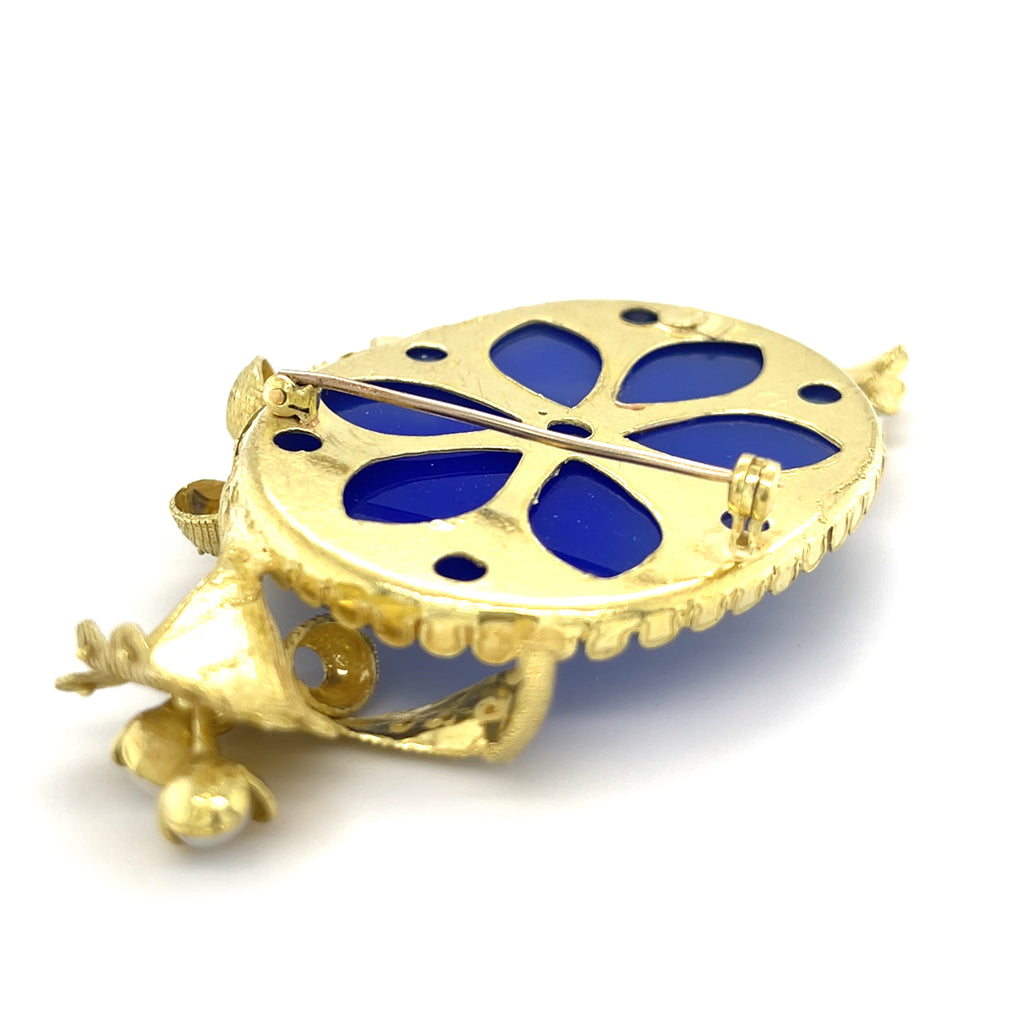 18k Yellow Gold & Carved Chalcedony Cameo Brooch w/ Diamonds and Cultured Pearls