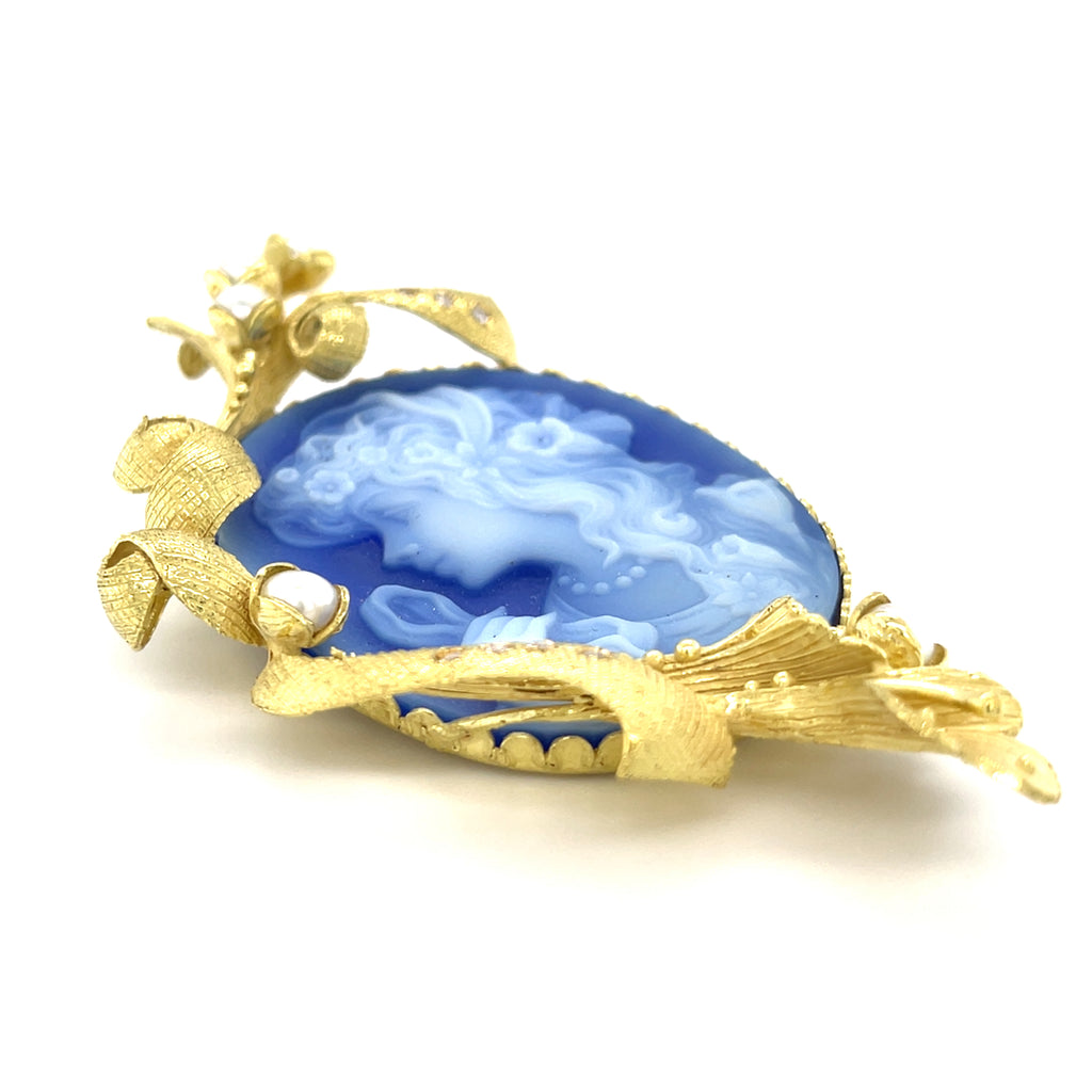 18k Yellow Gold & Carved Chalcedony Cameo Brooch w/ Diamonds and Cultured Pearls