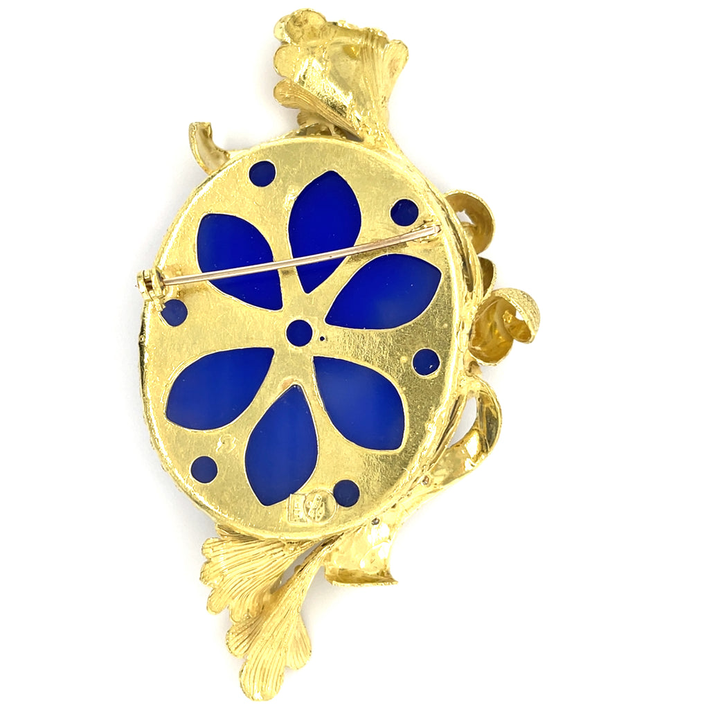 18k Yellow Gold & Carved Chalcedony Cameo Brooch w/ Diamonds and Cultured Pearls