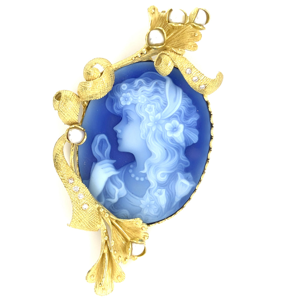18k Yellow Gold & Carved Chalcedony Cameo Brooch w/ Diamonds and Cultured Pearls