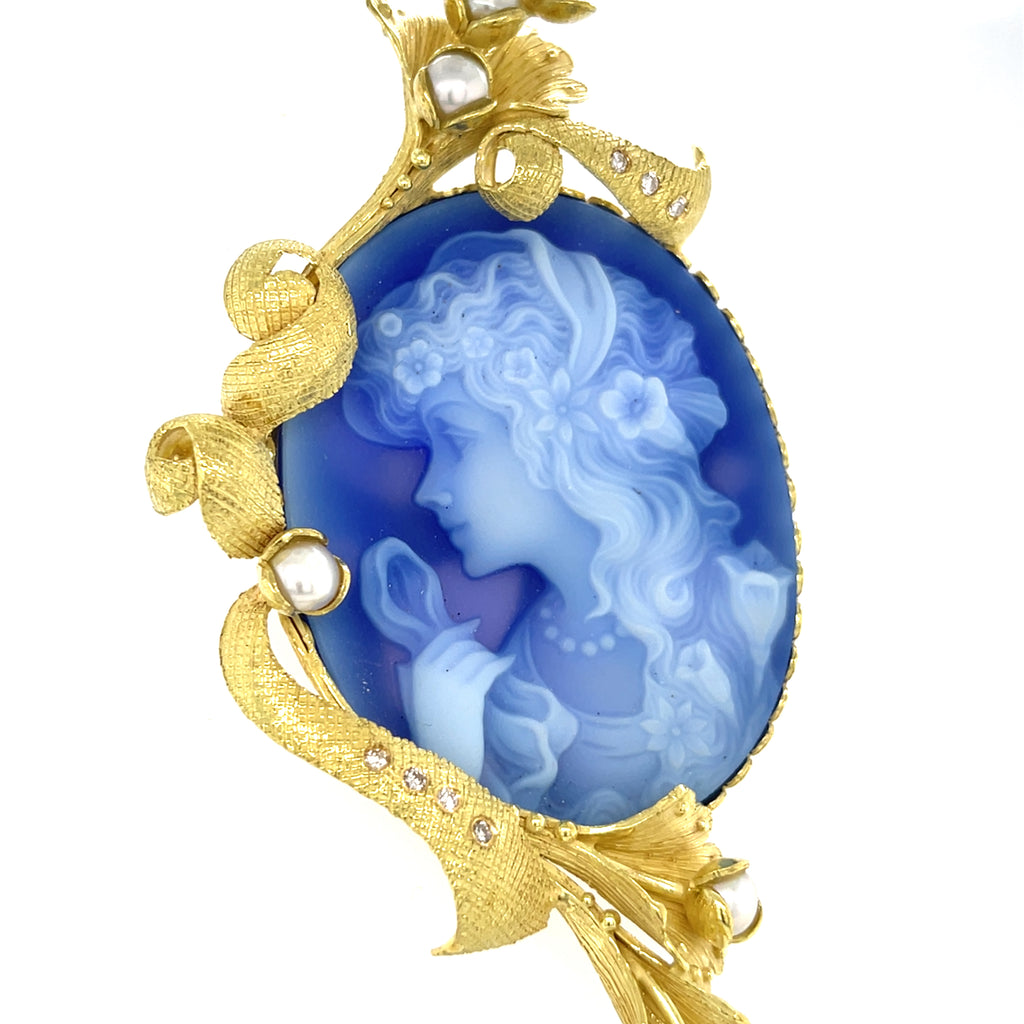 18k Yellow Gold & Carved Chalcedony Cameo Brooch w/ Diamonds and Cultured Pearls