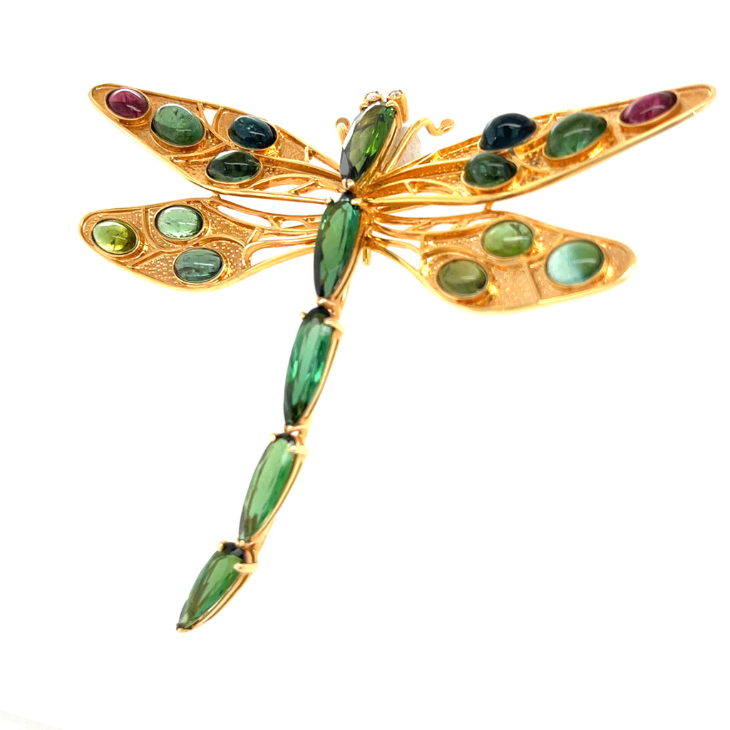 Vintage 14k Gold Dragonfly Brooch / Pendant with Pink & Green Tourmaline Accents
