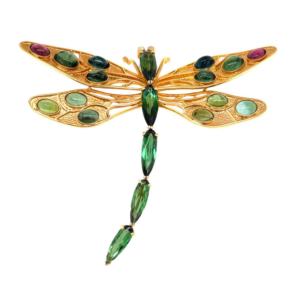 Vintage 14k Gold Dragonfly Brooch / Pendant with Pink & Green Tourmaline Accents