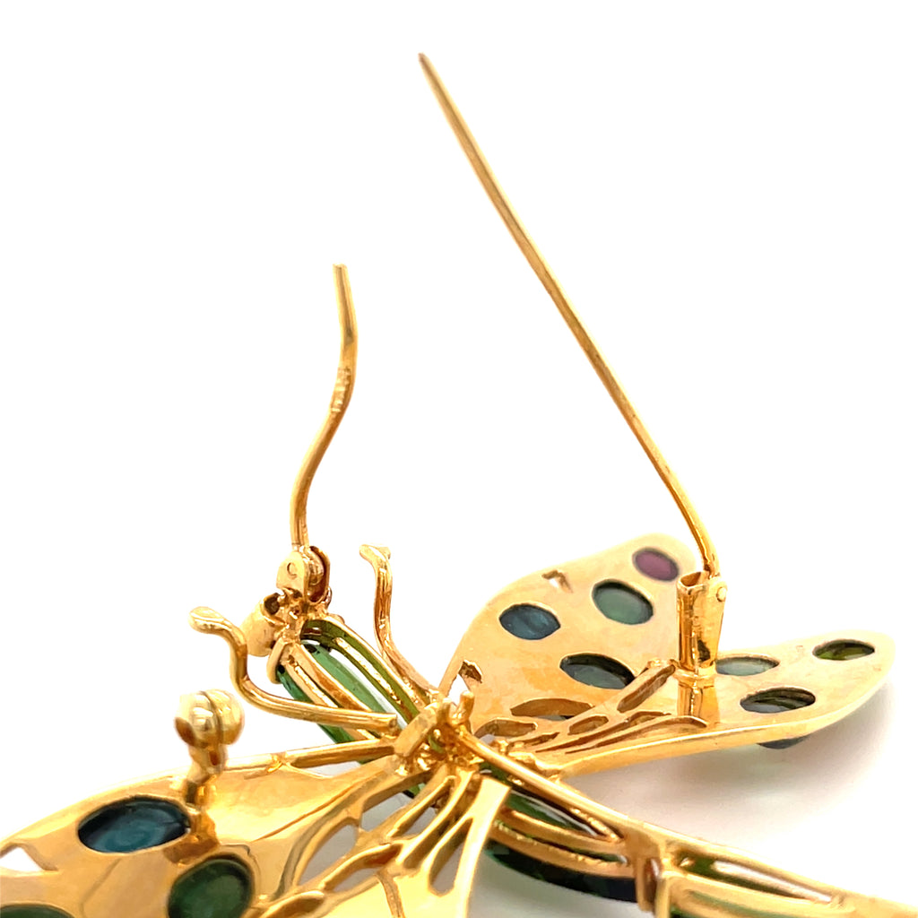 Vintage 14k Gold Dragonfly Brooch / Pendant with Pink & Green Tourmaline Accents