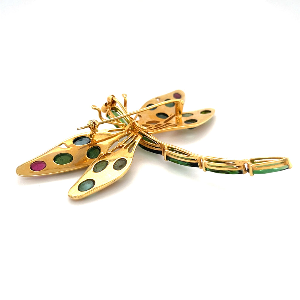 Vintage 14k Gold Dragonfly Brooch / Pendant with Pink & Green Tourmaline Accents