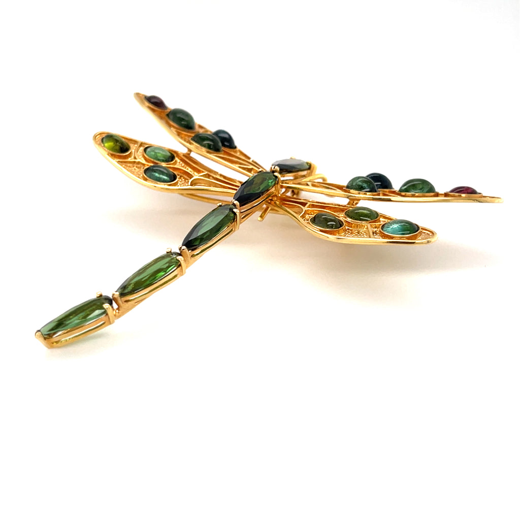 Vintage 14k Gold Dragonfly Brooch / Pendant with Pink & Green Tourmaline Accents