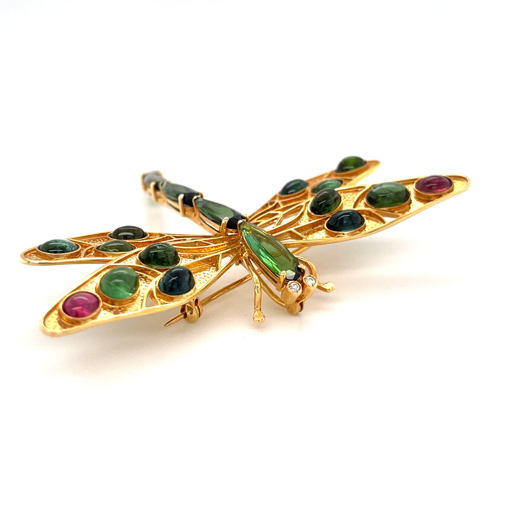 Vintage 14k Gold Dragonfly Brooch / Pendant with Pink & Green Tourmaline Accents