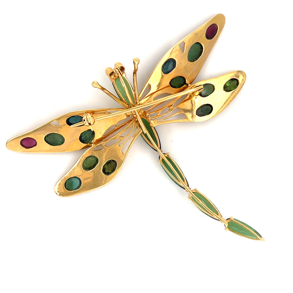Vintage 14k Gold Dragonfly Brooch / Pendant with Pink & Green Tourmaline Accents