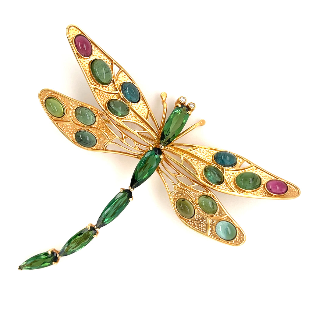 Vintage 14k Gold Dragonfly Brooch / Pendant with Pink & Green Tourmaline Accents