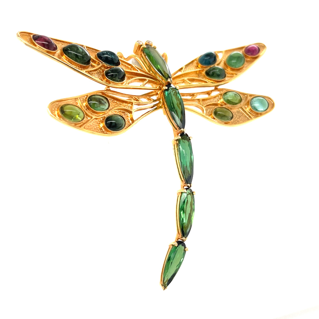 Vintage 14k Gold Dragonfly Brooch / Pendant with Pink & Green Tourmaline Accents