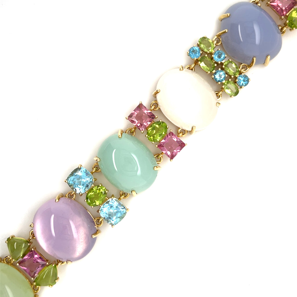 18k Gold & Gemstone Cabochon Link Bracelet w/ Faceted Accent Stones, Size 7"