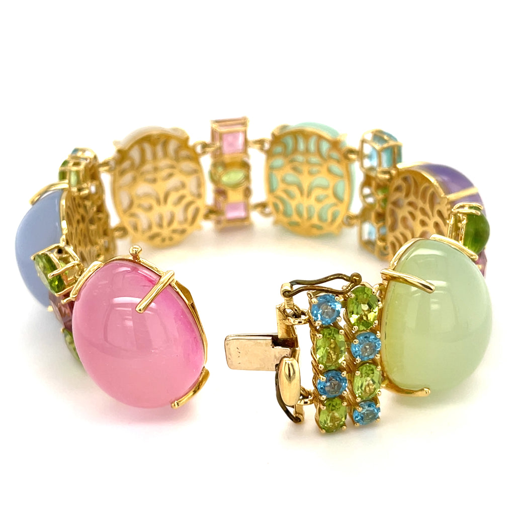 18k Gold & Gemstone Cabochon Link Bracelet w/ Faceted Accent Stones, Size 7"